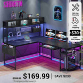 67 Inch L Shaped Gaming Desk Reversible Computer Desk with Led Lights Power Outlet Pegboard